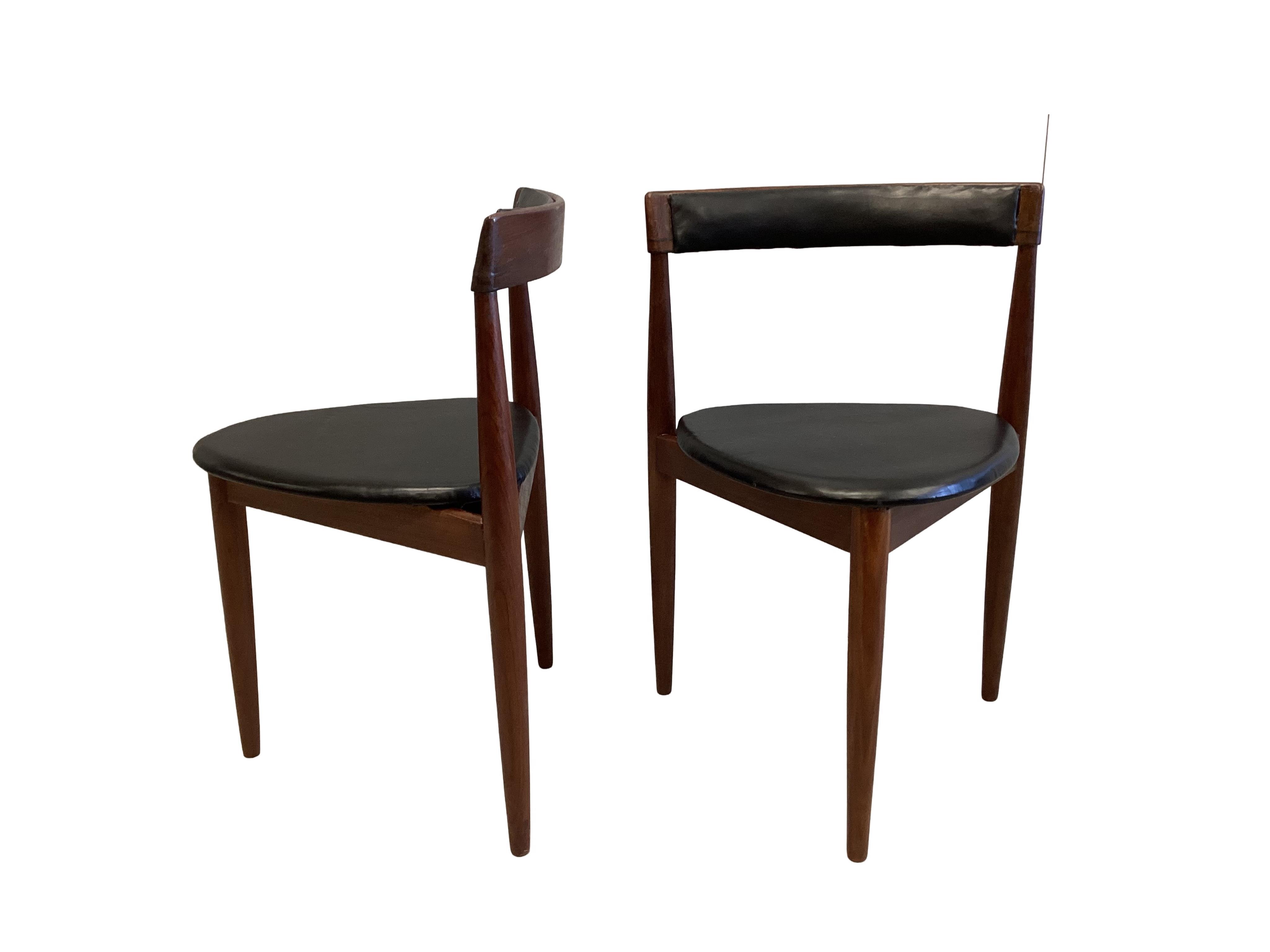 Hans Olsen for Frem Rojle, a set of six mid century teak tripod chairs, width 48cm, height 70cm